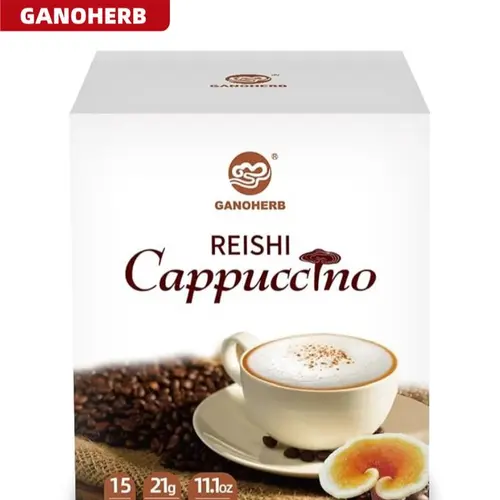 GANOHERB Reishi Cappuccino Functional Mushroom Powder Packet Coffee - 6 Adaptogenic Blend, Organic Caffeinated Premium Beans, Milk, Gluten-Free, Chemical-Free, Delicious Botanical Extracts Beverage, At-Home Espresso Boost, 15 Packs (11.1 oz) for Adults