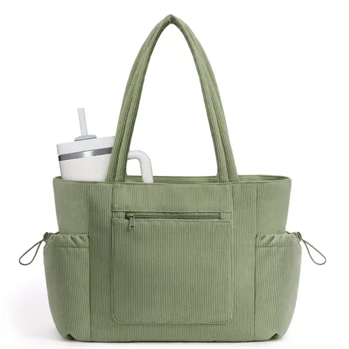College Tote Bag for Women, Large Corduroy Tote Bag with Laptop Compartment, Work Travel Commuter Bag with Cup Holder & Luggage Sleeve,back to school,back to school haul