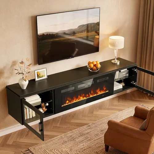 Aoxun 70" Modern Wall-Mounted Floating TV Stand with 36" Electric Fireplace, High-Gloss Black Entertainment Unit with Storage & Mirror Insert, Fits Up to 80" Sets, Living Room Fireplace TV Stand, Ships in 2 Packages, Fireplace Tv Stands