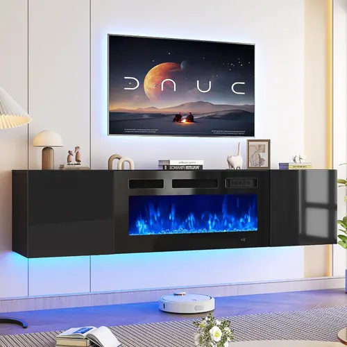 【2 Packages Shipping】Aoxun 70" Floating Modern TV Stand with 36" Electric Fireplace, Wall-Mounted Living Room Apartment Furniture with Storage Drawers, TV Console Table Farmhouse Shelf, Drawers Tv Stand