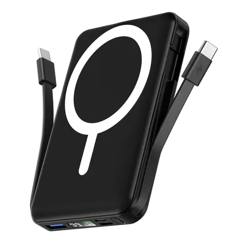 Podoru 10000mAh Magnetic MagSafe Battery Power Bank - Compact Silicone Wireless Fast Charging EDC Gear, LED Display, Dual USB-C Cables, USB Output, for iPhone 15/16/17 Series, Lightweight Black Everyday Carry Smartphone Accessory, Mobile
