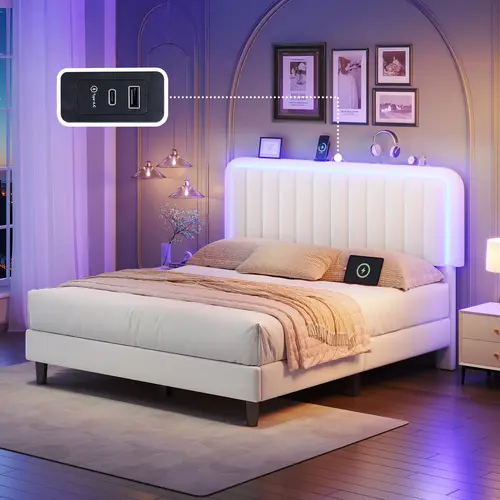 TryLazy Modern Bed Frame with RGB LED Lights No Mattress Luxury Velvet Headboard 1 USB 1 Type-C Charging Ports Smart APP Remote Control No Box Spring Full Queen Size