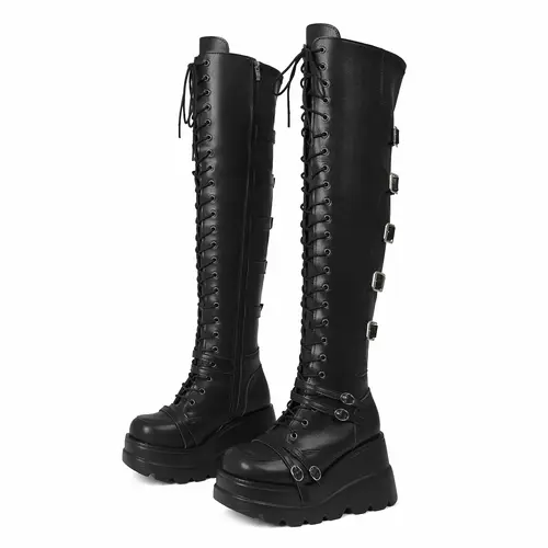 AOSPHIRAYLIAN Women's Gothic Thigh-High Boots, Punk Platform Wedge in Stretch PU Leather with Lace-Up Buckles and Round Toe, Shoes, Walking Shoes, Alt Outfits, Alternative Style, Fabric, Breathable, Footwear, Soft, Chunky Shoes