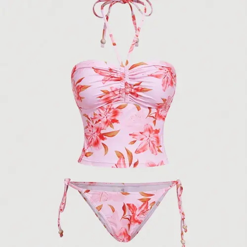 Women's Floral Print Tankini Outfit Two-Piece Swimsuit Set, Drawstring Halter Neck, Belted Belly Coverage, Vacation Style, Wholesale Export, Floral Print Swimsuits, Tankini Swimwear Set