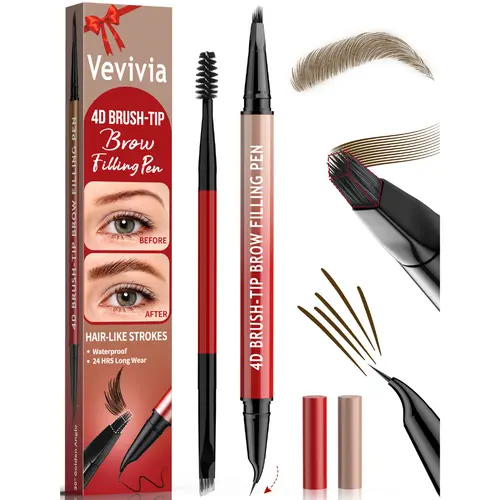 Vevivia Beauty 4D 2-in-1 Waterproof Alcohol-Free Microblading Eyebrow Pen - Dual-Ended Pen with Eyeliner Brush, Micro Stroke Brow Pencil for Adults’ Sparse Brows, All Skin Types (Microblading Tips, Natural Lash Line Makeup),#SohoChic