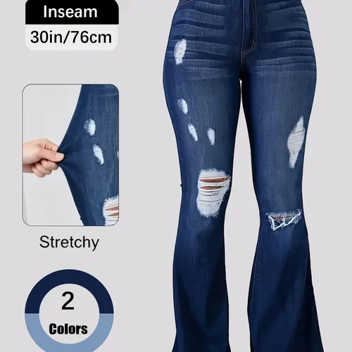 Fashionable Vintage Denim Flare Pants, Elegant High Waist with Elastic Pockets, Ripped Design, Button Closure, Fit, All-Season Women's Jeans