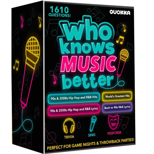QUOKKA Trivia Card Game - 4-Pack Ultimate Music Box with Cardboard Cards, Tabletop Family Fun Game for 18+ Ages, 90s & 2000s Fans, Singing & Karaoke Challenges, Tabletop Games