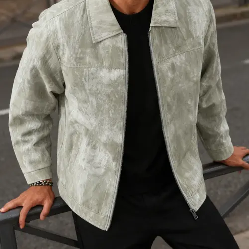 Men's lightweight casual jacket, fashion casual coats, Coats, Fitted, Outerwear, Long Sleeves, zipper closure, lapel design, tie dye distressed jacket, machine washable, polyester fiber, suitable for daily leisure, work travel, Spring and Autumn seasons