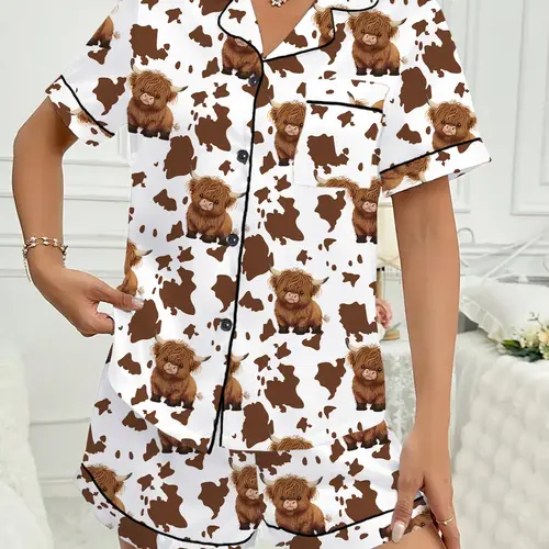 Valentine's Day Women's Sleepwear Loungewear Pajama Set, Comfortable Cute Elastic Highland Cow Milk Cow Pattern Short Shirt and Pants Two-Piece Suit Outfit