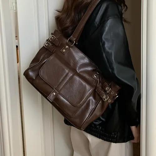 Autumn Winter New Retro Coffee Color Versatile Large Capacity Commuter PU Tote Satchel Bag, Korean Style College Wind Shoulder Crossbody Bag, Stylish Crossbody, Fashion Crossbody Bag, Fashionable Shoulder Bag, Casual Crossbody Bags