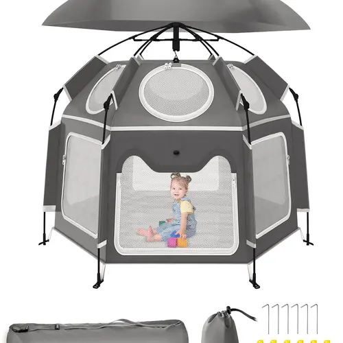 Pop-Up Portable Baby Playpen with UV Canopy, Waterproof Outdoor & Indoor Play Tent, Breathable Mesh Sides, Quick Setup Folding Baby Play Yard with Carry Bag & Stakes 59"/63“