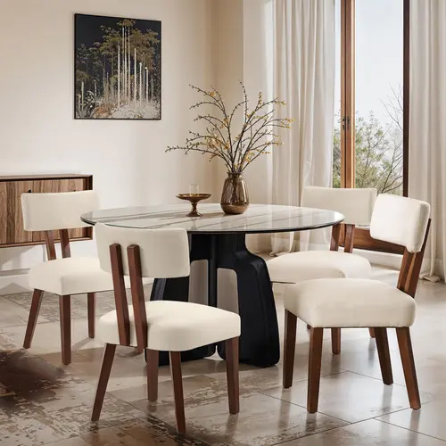 MOJAY Dining Chairs Set of 4, Mid Century Modern Kitchen Chair Linen Fabric Side Chairs with Curved Backrest for Kitchen, Dining Room, Restaurant, or Patio, Off-White,dorm essentials,home decor