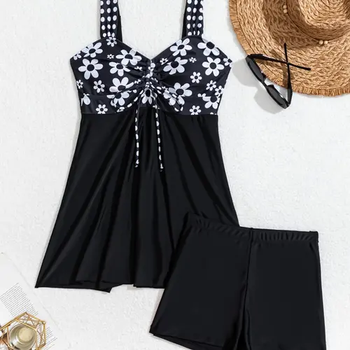 Women's Swimsuit Set with Shorts, Comfortable Summer Beach Vacation Swimwear, Fitted Style Two Piece Tankini Bathing Suits, Medium-Thick Floral Swim Set