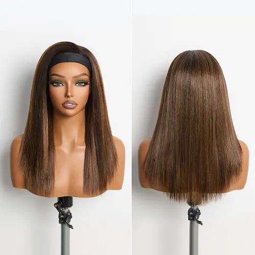 Frodio Veralux™ Fiber 16″ Highlight Headband Wig Straight Hair with Head Band Ready to Go Glueless Synthetic Headband Wig Brown Mix Blonde Straight Wig #summervibes