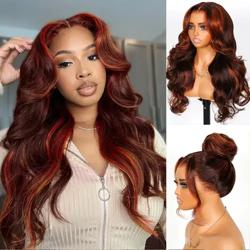 Ashimary Human Hair 360 Lace Front Wig, Salon Layer Cut Ginger Highlights on Brown Hair, Invisi-Strap Skin Lace, Invisible Drawstring Snug Fit Body Wave, Glueless Laycut Wig, Ready to Wear Glueless Style#summerwins, Lace Front Wigs