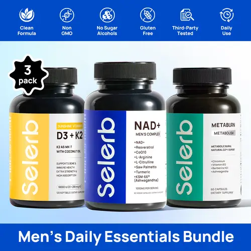 Selerb Daily Nutrition Trio – Metaburn 8-in-1 Botanical Blend with Berberine & B12, Men’s Liposomal NAD+ Complex with CoQ10 & L-Carnitine, and Vitamin D3 K2 Formula with MK-7 & Coconut Oil · Non-GMO, Gluten-Free, Supplement, Capsule, Dietary, Wellness