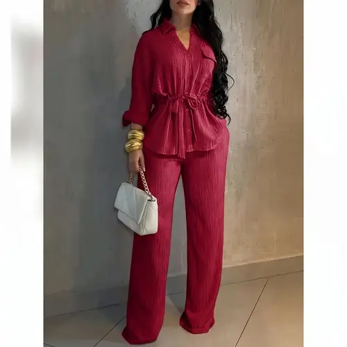 VVZ Women's Vintage 2-Piece Outfit, Turn-Down Collar Button Front Top with Flap Pockets + Drawstring Wide Leg Pants Casual Commuter Set