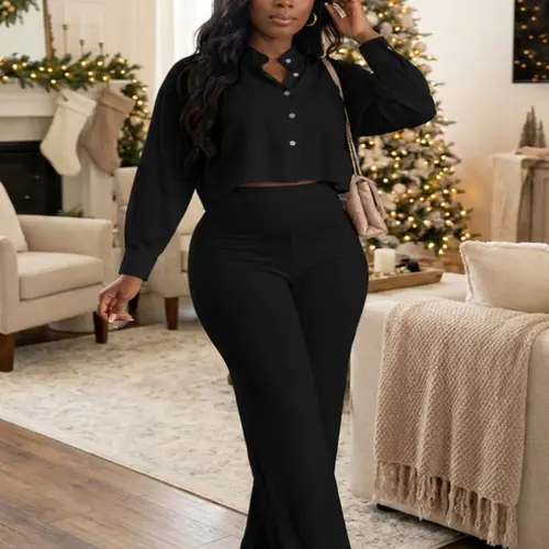 USBoutique Chic Two Piece Set Women's Back To School Solid Button Front Crop Blouse & Elastic Waist Pants Fall Sets, Batwing Sleeve Stand Collar Top & Straight Leg Trousers, Co-ords for Women, Two Piece Sets, Matching Sets Going Out Fall Outfits