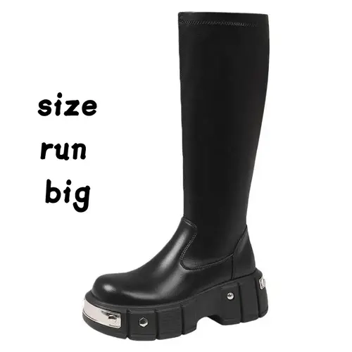 Women's Chic Above-the-Ankle but Below-the-Knee Platform Boots - Black Easy-Clean PU Faux Leather, Chunky Platform Heels, Round Toe, Plain Design, Synthetic Composite Sole, Durable All-Season Women's Shoes for Casual to Semi-Formal Use