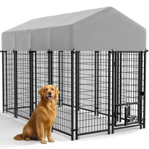 Warcat Extra Large Wire Metal Dog Kennel - Heavy-Duty Escape-Proof Enclosure with Roof Cover, Feeder Bowls, Secure Lock & Tool Kit