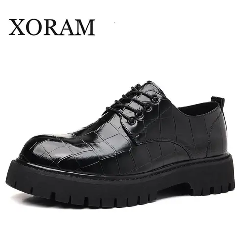 Men's Faux Leather PU Round Toe Platform Derby Shoes - Plaid, Thick Bottom Lug Rubber Sole, Hidden Height, Laces, Lightweight Business Style Shoes for Casual Daily Wear Footwear