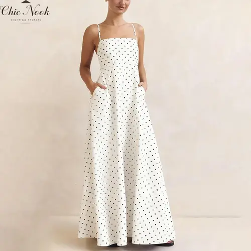 Women's Summer Slip Dress Dot Print Sleeveless Spaghetti Strap Backless Long A Line Dress with Pockets
