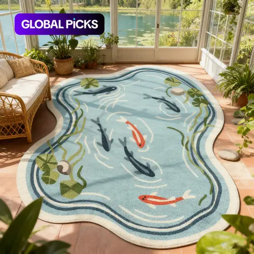 New Oriental Koi Pond Irregular Shape Carpet, Balcony Sunroom Natural Plush Mat, Lotus Leaf Water Grass Fish Pattern Home Decorative Rug Non-Slip Rugs Thick Soft Polyester Rug