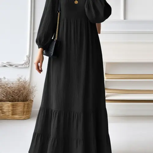 Women's Round Neck Long Sleeve Solid Color Lantern Sleeves Pleated Hem Maxi Dress, Modest Style Dress, Elegant Casual Fashion for All Seasons, Long Sleeve Dresses, Classy Modest Dresses