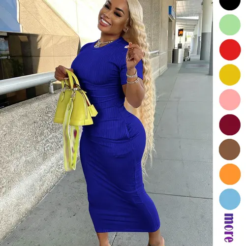 Threaded Elastic Ribbed Solid Color Knit Bodycon Fit Dress, Breathable Elastic Party Outing Travel Beach Pocket Long Midi Dress, Summer Dress, Everyday Casual Wear, Womenswear