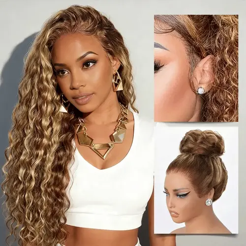 Ashimary 22" Sunkissed Honey Blonde Highlight Water Wave Hair Wig, Glueless Adjustable 13x6 Full Lace Human Hair with 3D Dome Cap for Half-Up Half-Down Styles, Lace Area Wig, Lace Area Wigs