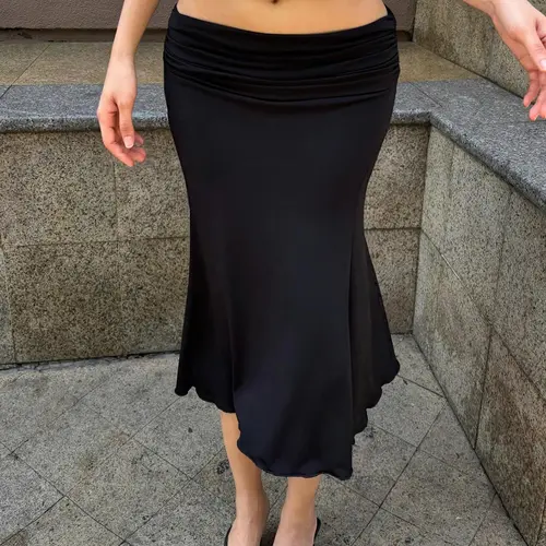 Elegant Ruched High-Waisted Midi Skirt, Y2K Tailored Design, Asymmetric Ruched Skirt, Flared Skirt, Versatile Summer Wear, Women's Fashionable Slim-Fitting Skirt, Side Ruched Skirt