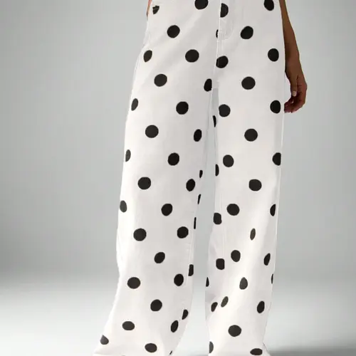 Women's Elastic Casual Polka Dot Loose Wide Leg Jeans Pants, Womenswear, Long Regular Fit Natural Waist, All Seasons Wear for Dating Outdoors