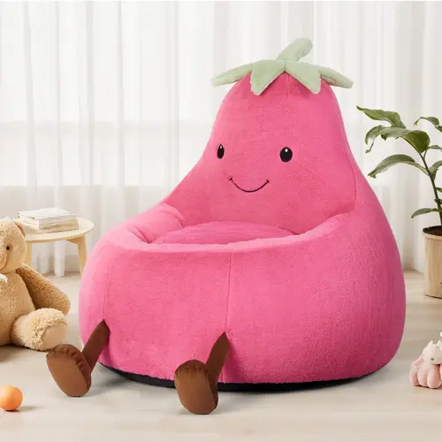 Plush Velvet-Cushioned Armless Toddler Cotton Beanbag Chair - Modern Kid Couch, Sturdy Single-User Indoor Sofa, Top Handle, 24-31in/30x31x27in Nursery Furniture, Beige-Purple Eggplant Design, Easy-to-Rebound Memory Foam Toddler Gift