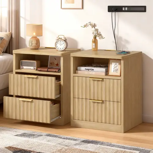 Farmhouse Style 2-Piece Matched Fluted Texture Nightstands Set - Narrow Pre-Assembled Cube Bedside Tables with Charging Station & LED Light, Modern French Country Indoor Furniture for Small Bedroom, Living Room Furniture