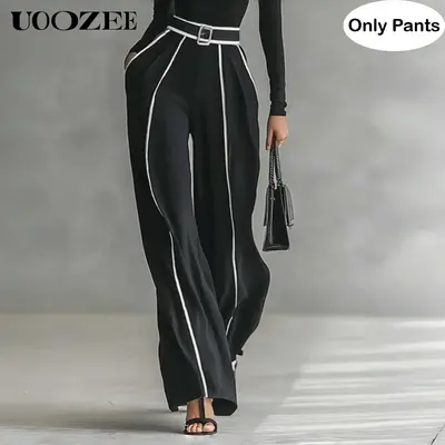 UOOZEE Women's High-Waisted Contrasting Striped Polyester-Spandex Bottoms - Fitted, Chunky Accents, Cropped, Strappy, Belted, Zippered Pockets - Chic for Office (Turtleneck/Camisole Match Tip; Sizing Runs Small, Order Larger, Check Size Guide)