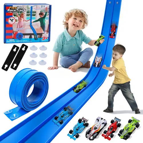 UDROLL Flexible Race Track Set - 15ft Roll-Up Track, Suction Cup Mounts, 4 Mini Cars, 4-Car Race Mode, Portable Indoor Ramp Racing Toy for Ages 8+ Kids