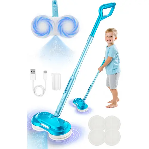 Pretend Play Electric Spray Toy Set - Real Water Spray, LED Headlight, Power-Driven Spinning Dual Heads, Durable, Portable Multifunction Cleaner, Mini Squeeze Mop & Broom, Multi-Surface Use, Christmas Gift, Portable Cleaner
