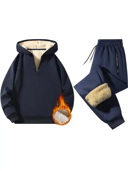 Men's 2-Piece Fleece-Lined Half-Zip Hoodie Tracksuit Outfit, Loose Warm Fit Sporty Casual Look, Casual Breathable Sportswear, Unisex Autumn Winter Fleece Jogger Set Activewear, Activewear Set
