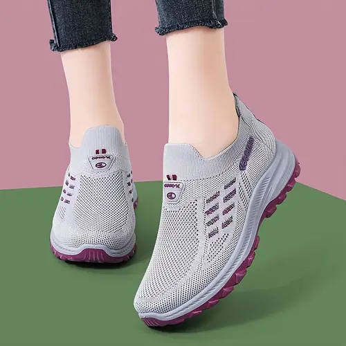 Women's Light Gray & Purple Knit Closed Slip-On Casual Trainers - Shoes for Women, Cushiony, Dual-Color, Buckle-Free, Breathable Mesh Cutout, Non-Slip Sole, Branded Logo, All-Season Footwear for Walking, Sports, Women's Shoes
