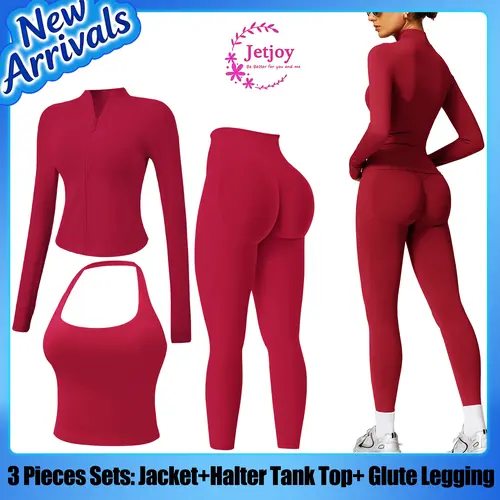 Jetjoy Women's 3-Piece Seamless Ribbed Knit Workout Set for Women - Zip-Up Jacket, Backless Tank, Mid-Waisted Tummy Control Compression Leggings, High-Stretch Nylon Elastane for Yoga, Running, Gym Clothes Women