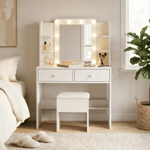 【Summer Sale】Makeup Vanity Set Chair with Lighted Mirror, 6 Open Shelves and 2 Drawers, 3 Color Lighting Bulbs, Adjustable Brightness for Bedroom, Makeup Vanity Desk, Lights