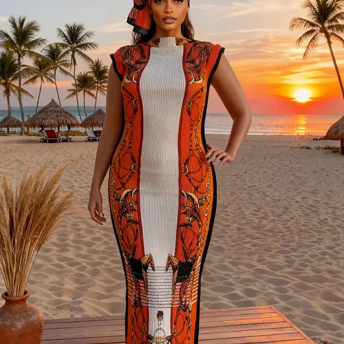 Women's Elegant Animal Print Long Dress Set, Slim-Fitting Moo Moo Skirt & Scarf, Beach Sun Protection Shawl, All Seasons Fashion, Accessory, Outdoor, Swimwear Cover Up, Beach Coverups, Swimsuit Coverups, Summer Coverup