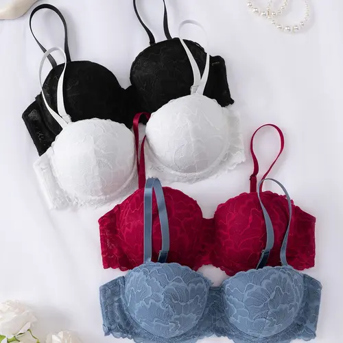 4-piece Solid Color Lace Floral Bra, Backless Lace Bra, Unlined Lace Bra, Balconette Bras, Underwire Push Up, Push-Up and Lift to Enhance Bust Shape, Lace-Trimmed, Lightweight, Breathable and Comfortable, Solid Color Underwear for All Seasons Pack Bras