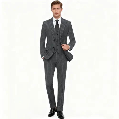 Men's Classic Slim-Fit Pinstripe Single-Breasted Luxury Suit Set - Premium Breathable Vibe Menswear Fabric, Longsleeves Stylish Formal-Casual Wear with Pocket, Flatters Shape for Groom Office Day Use, Wedding, Business