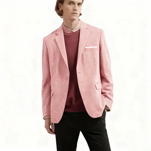 Men's Longsleeves Solid Plain Tweed Blazer Top - Menswear Relaxed Fit Pink Bedazzled Single Breasted Jacket - Cozy Versatile Essential for Work, Daily Use