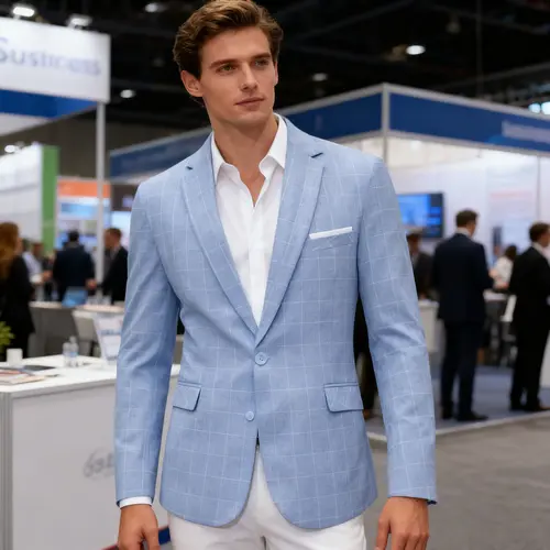 Light Blue Plaid Slim-Fit Men’s Blazer - Menswear, Stylish Blue Fitted Men's Suit Separates, Comfy Summer Business Casual Piece for Brunch/Office, TikTok Viral Aesthetic, Easy to Style with Tees/Button-Downs