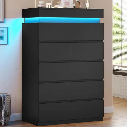 Sikaic Tall 5 Drawers Dresser with LED Light, Black Modern Chest of Drawers for Bedroom, Closet Dresser with Drawers for Living Room, Entryway, Hallway Sideboard Storage Cabinet, Home Furniture, Dorm Essentials [tiktokshopbacktoschool]