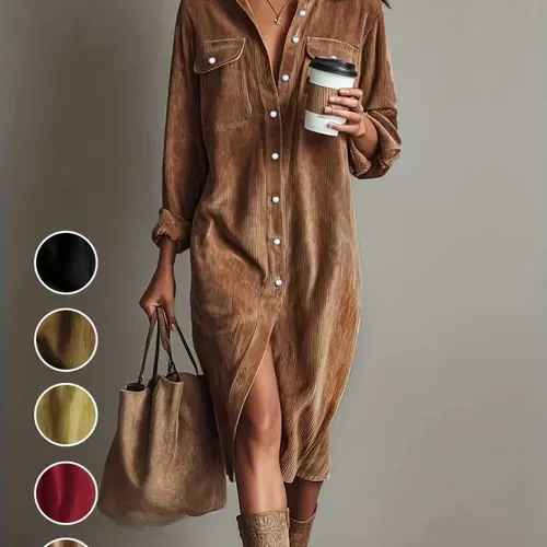 Women's Fashion Casual Loose Corduroy Collared Dress with Dual Chest Pockets, Single Button Long Sleeve Mid-Length Skirt, Comfortable Daily Wear, Casual Plain Dress, Lady, Womenswear, Casual Dresses