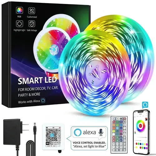 Smart WiFi LED Strip Lights (100FT/50FT), Multicolor LED Lighting Works with Alexa & Google Assistant, RGB Music Sync Color-Changing Lights for Bedroom Decor, Festive Party Supplies