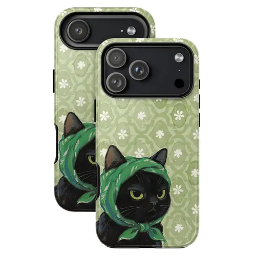 Vintage Cute Cat Slim Smartphone Case - UV Print Aesthetic Scarf & Flower Design, Shockproof Waterproof Polycarbonate Shell, Impact Absorb Durable Protection for iPhone 17 & SS Devices, Cute Accessories